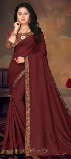Traditional Red and Maroon color Saree in Art Silk, Silk fabric with South Lace work : 1686801