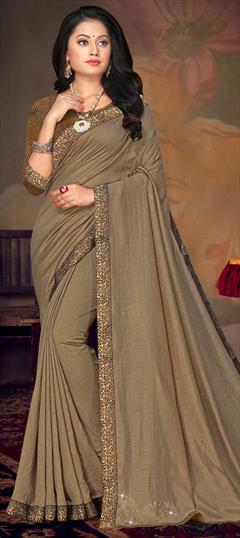 Traditional Beige and Brown color Saree in Art Silk, Silk fabric with South Lace work : 1686808