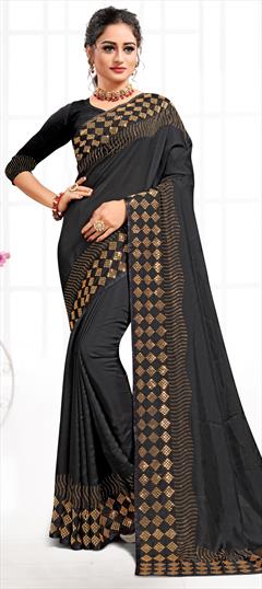 Party Wear, Traditional Black and Grey color Saree in Satin Silk, Silk fabric with South Stone work : 1687171
