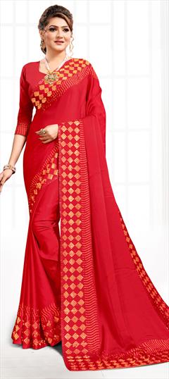 Party Wear, Traditional Red and Maroon color Saree in Satin Silk, Silk fabric with South Stone work : 1687184