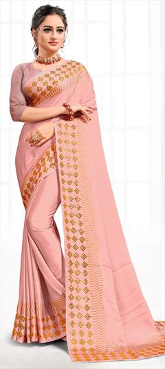 Party Wear, Traditional Pink and Majenta color Saree in Satin Silk, Silk fabric with South Stone work : 1687195