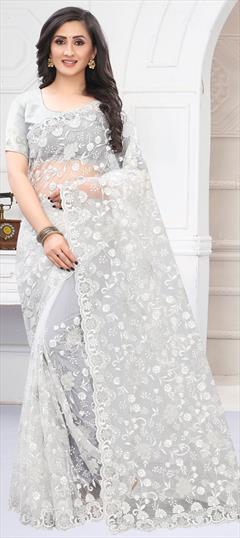 Festive, Wedding White and Off White color Saree in Net fabric with Classic Embroidered, Resham, Thread, Zari, Zircon work : 1687247
