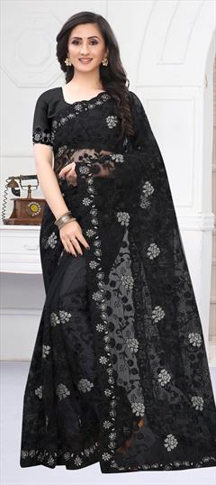 Festive, Wedding Black and Grey color Saree in Net fabric with Classic Embroidered, Resham, Thread, Zari, Zircon work : 1687250