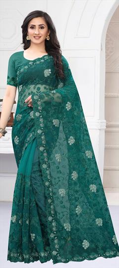 Festive, Wedding Green color Saree in Net fabric with Classic Embroidered, Resham, Thread, Zari, Zircon work : 1687252
