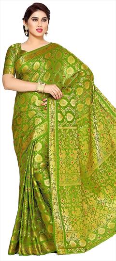 Traditional Green color Saree in Kanchipuram Silk, Silk fabric with South Zari work : 1687548