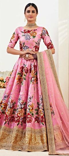 Festive, Party Wear Pink and Majenta color Lehenga in Bangalore Silk fabric with A Line Border, Embroidered, Floral, Printed, Sequence work : 1687565