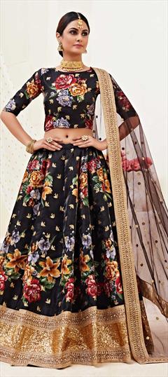 Festive, Party Wear Black and Grey color Lehenga in Bangalore Silk fabric with A Line Border, Embroidered, Floral, Printed, Sequence work : 1687566