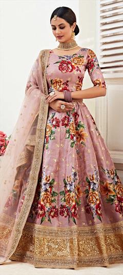 Festive, Party Wear Pink and Majenta color Lehenga in Bangalore Silk fabric with A Line Border, Embroidered, Floral, Printed, Sequence work : 1687568