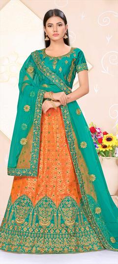 Festive, Reception Blue, Orange color Lehenga in Banarasi Silk, Silk fabric with A Line Embroidered, Stone, Thread, Weaving, Zari work : 1687701