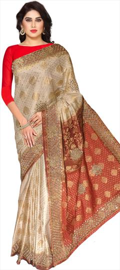 Traditional Beige and Brown color Saree in Kanchipuram Silk, Silk fabric with South Embroidered, Stone work : 1687788