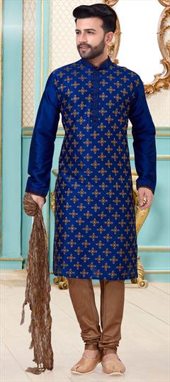 Blue color Kurta Pyjamas in Dupion Silk fabric with Embroidered, Resham, Thread work : 1687837