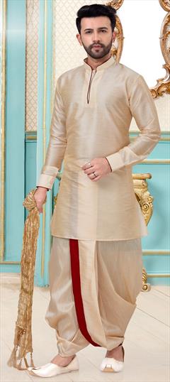 Beige and Brown color Dhoti Kurta in Dupion Silk fabric with Thread work : 1687840