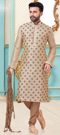 Beige and Brown color Kurta Pyjamas in Dupion Silk fabric with Thread work : 1687858