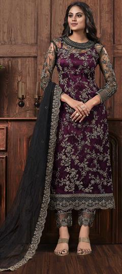 Party Wear Black and Grey, Purple and Violet color Salwar Kameez in Net fabric with Straight Embroidered, Thread work : 1687968
