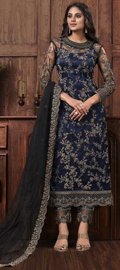 Party Wear Black and Grey, Blue color Salwar Kameez in Net fabric with Straight Embroidered, Thread work : 1687969