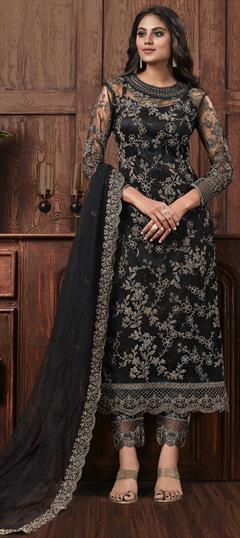 Party Wear Black and Grey color Salwar Kameez in Net fabric with Straight Embroidered, Thread work : 1687971