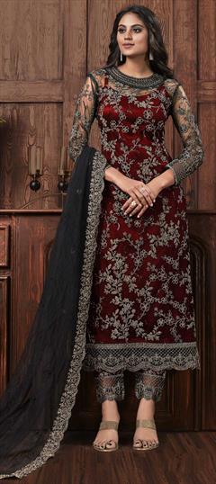Party Wear Black and Grey, Red and Maroon color Salwar Kameez in Net fabric with Straight Embroidered, Thread work : 1687972