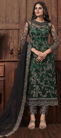 Party Wear Black and Grey, Green color Salwar Kameez in Net fabric with Straight Embroidered, Thread work : 1687973