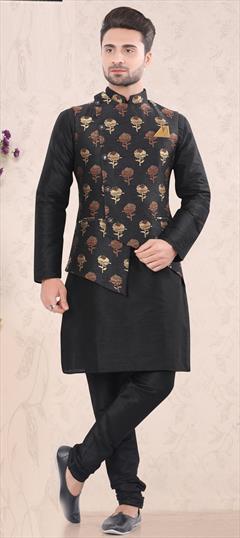Black and Grey color Kurta Pyjama with Jacket in Art Silk fabric with Floral, Printed work : 1688144