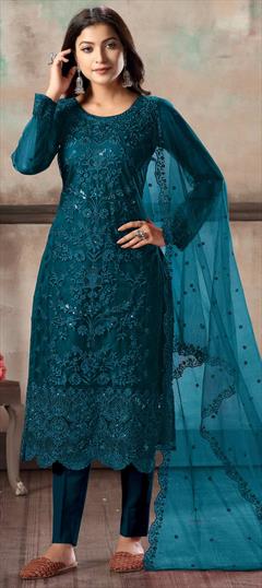 Party Wear Blue color Salwar Kameez in Net fabric with Straight Embroidered, Sequence, Thread work : 1688338
