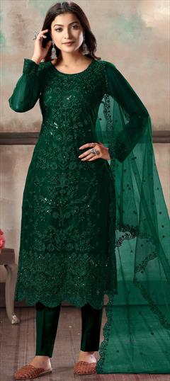 Party Wear Green color Salwar Kameez in Net fabric with Straight Embroidered, Sequence, Thread work : 1688340