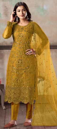 Party Wear Yellow color Salwar Kameez in Net fabric with Straight Embroidered, Sequence, Thread work : 1688342