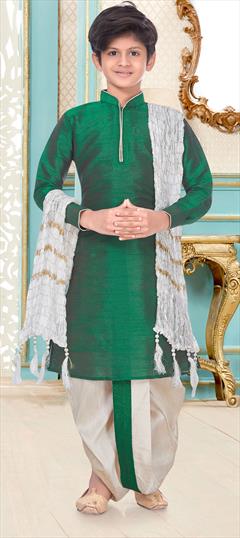 Green color Boys Dhoti Kurta in Dupion Silk fabric with Thread work : 1688845