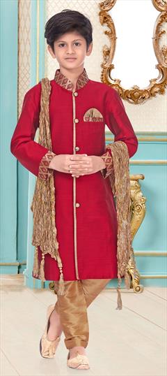 Red and Maroon color Boys Kurta Pyjama in Linen fabric with Thread work : 1688849