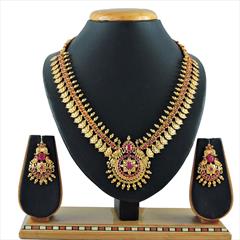 Red and Maroon color Necklace in Copper, Metal Alloy studded with CZ Diamond, Pearl & Gold Rodium Polish : 1689159