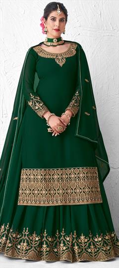 Festive, Reception Green color Long Lehenga Choli in Georgette fabric with Embroidered, Sequence, Thread work : 1689400