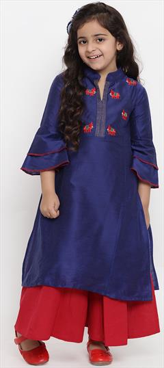 Blue color Girls Top with Bottom in Dupion Silk fabric with Embroidered, Thread work : 1689790