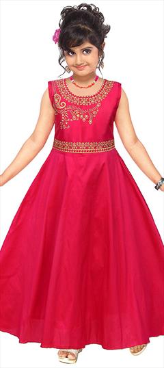 Pink and Majenta color Girls Gown in Taffeta Silk fabric with Embroidered, Thread work : 1689835