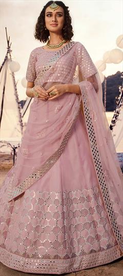 Festive, Mehendi Sangeet, Party Wear Pink and Majenta color Lehenga in Organza Silk fabric with A Line Cut Dana, Mirror, Thread work : 1689911