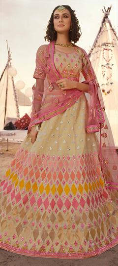 Festive, Mehendi Sangeet, Party Wear Multicolor color Lehenga in Organza Silk fabric with A Line Cut Dana, Mirror, Thread work : 1689913