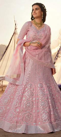 Festive, Mehendi Sangeet, Party Wear Pink and Majenta color Lehenga in Organza Silk fabric with A Line Mirror, Thread work : 1689919