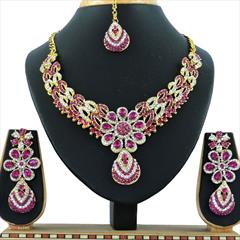 Pink and Majenta color Necklace in Copper, Metal Alloy studded with CZ Diamond & Gold Rodium Polish : 1689990