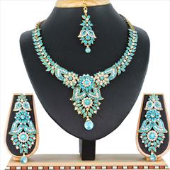Blue color Necklace in Copper, Metal Alloy studded with CZ Diamond & Gold Rodium Polish : 1690086
