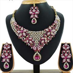 Pink and Majenta color Necklace in Copper, Metal Alloy studded with CZ Diamond & Gold Rodium Polish : 1690170