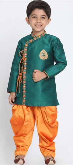 Green color Boys Dhoti Kurta in Dupion Silk fabric with Embroidered, Thread work : 1690171