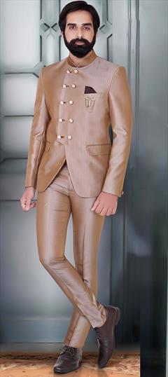 Beige and Brown color Jodhpuri Suit in Rayon fabric with Broches work : 1690573