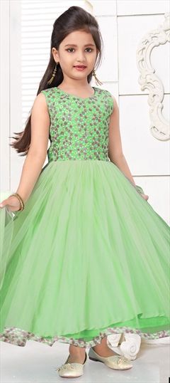 Green color Kids Salwar in Net fabric with Embroidered, Sequence, Thread work : 1690673