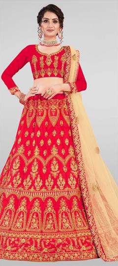 Festive, Wedding Red and Maroon color Lehenga in Satin Silk fabric with A Line Embroidered, Stone, Thread, Zari work : 1690780
