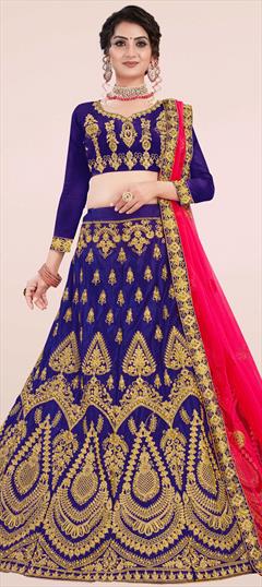 Festive, Wedding Blue color Lehenga in Satin Silk fabric with A Line Embroidered, Stone, Thread, Zari work : 1690781