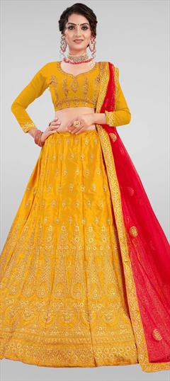 Festive, Wedding Yellow color Lehenga in Satin Silk fabric with A Line Embroidered, Stone, Thread, Zari work : 1690782