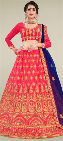 Festive, Wedding Pink and Majenta color Lehenga in Satin Silk fabric with A Line Embroidered, Stone, Thread, Zari work : 1690783