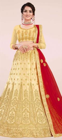 Festive, Wedding Beige and Brown color Lehenga in Satin Silk fabric with A Line Embroidered, Stone, Thread, Zari work : 1690784