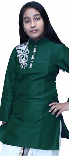 Green color Girls Dress in Dupion Silk fabric with Patch work : 1691023