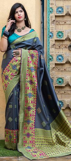 Traditional Black and Grey color Saree in Banarasi Silk, Silk fabric with South Weaving work : 1691055