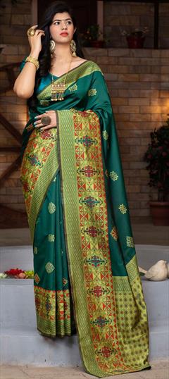 Traditional Green color Saree in Banarasi Silk, Silk fabric with South Weaving work : 1691057