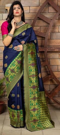 Traditional Blue color Saree in Banarasi Silk, Silk fabric with South Weaving work : 1691058